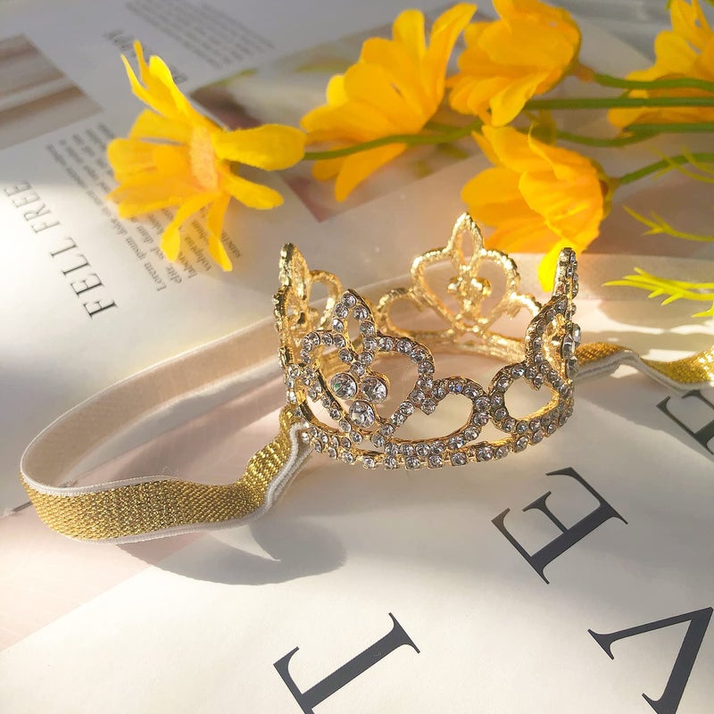 ELEMIRSA Baby Girl Infant Toddler Crystal Crown Tiara Gold Headband Baby Photography Headband Props, Gold - Image 2